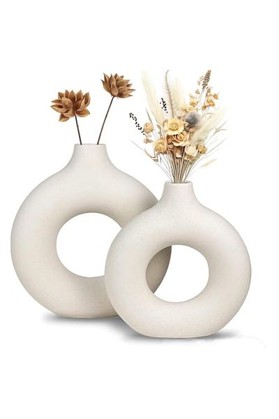 Generic Benting Ceramic Vase 2 Piece Set, Beige Hollow Round Vase Rustic Home Decor, Minimalist Nordic Boho