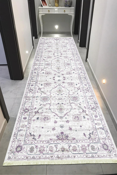 VOPTEKS Beyaz Mor Halı Yolluk Makinede Yıkanabilir Kaymaz Taban Halı