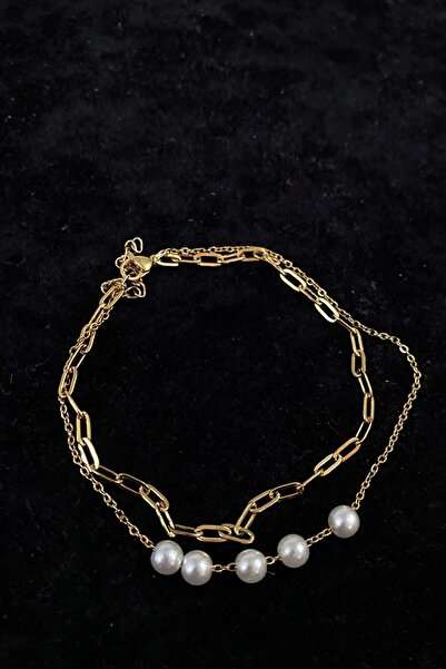 craftbaskitasarim Gold Color Five Pearl Model Crushed and Sf Chain Steel Anklet
