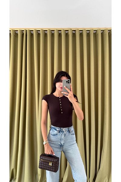HAZELANNA Gold Buttoned t Sleeve Basic Bitter Brown Knitwear