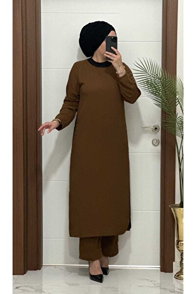 modasura 8811 K120 KAHVERENGİ garnili tunik pantolon aerobın Kumaş ikili takı...