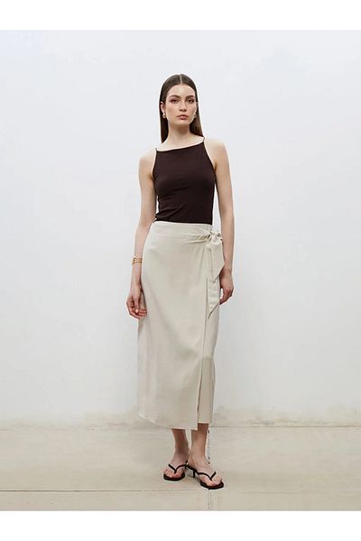 LC Waikiki Soulife Beige Elastic Waist Modal Textured Tie Skirt