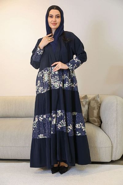 elegant veil Navy blue crepe abaya with hand embroidery and delicate beading with chiffon overlay