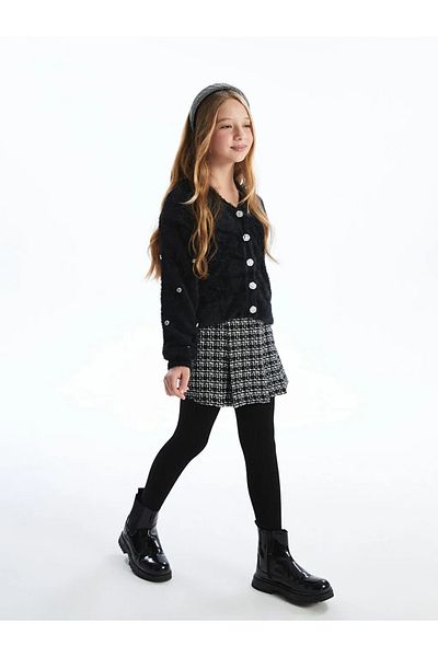 LC Waikiki Lcw Kids Black Elastic Waist Tweed Girls' Short Skirt