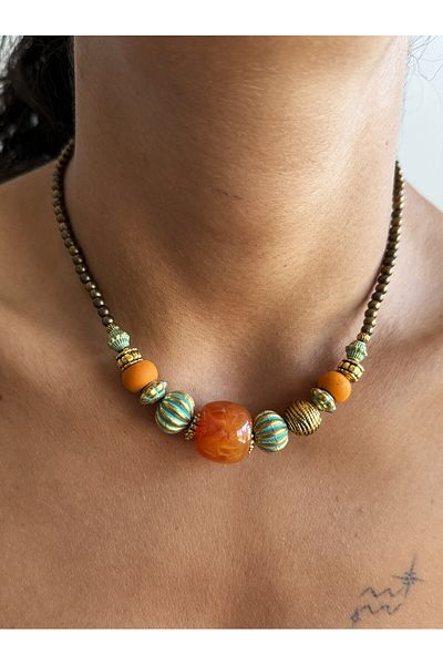 dela otantik Handmade Beaded Amber & Turquoise Ethnic Necklace – Authentic Bohemian Vintage Bijoux Jewelry