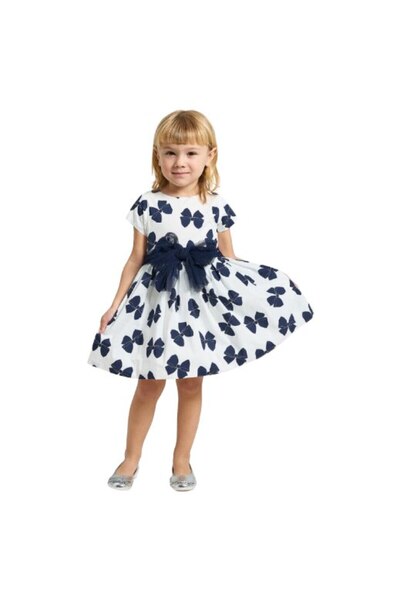 Sarabanda I Do, Rochie elegantă pentru fete din poplin, cu fundă, jupon din tul, imprimeu cu fundă decorativă albastră, bumbac