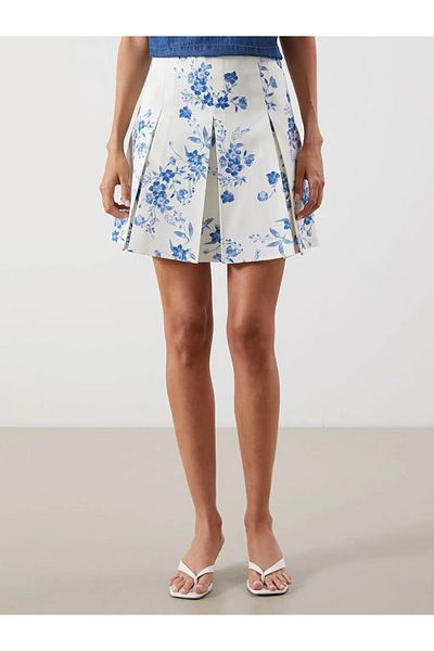 LC Waikiki Lcw Vision Blue Waist Zipper Floral Pleated Mini Skirt