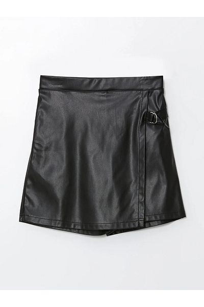 LC Waikiki Lcw Kids Black Elastic Waist Leather Look Girls' Shorts Skirt