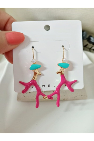 mos&more Pembe Mercan Sallantılı Pirinç Küpe