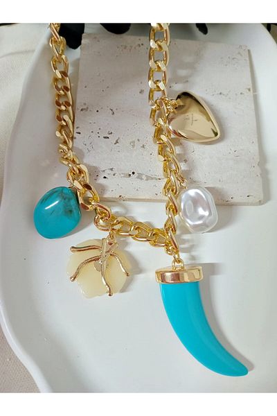mos&more Blue Ivory Gold Heart Beaded Elegant Necklace