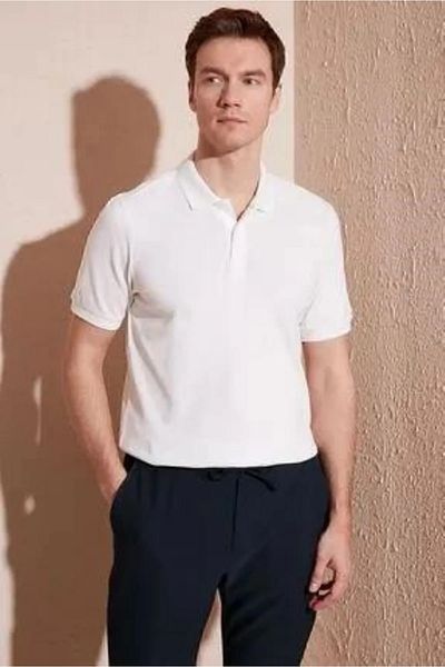 ModAras Short Sleeve Polo Collar Casual 2 Button White T-Shirt - White - Arassumi-Kiisi-White-Yet