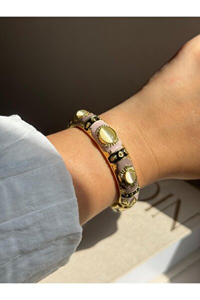 LEROSY CO. Vintage Etnik Pembe Taşlı Altın Kaplama Kelepçe Bileklik – Zarif v...