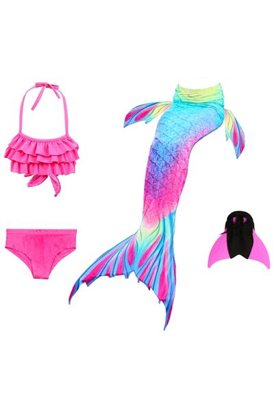 THK Set de costum de baie sirenă Ariel, roz/albastru, include coadă, aripioare, top și slip THK® - 110 cm - 3-4 ani