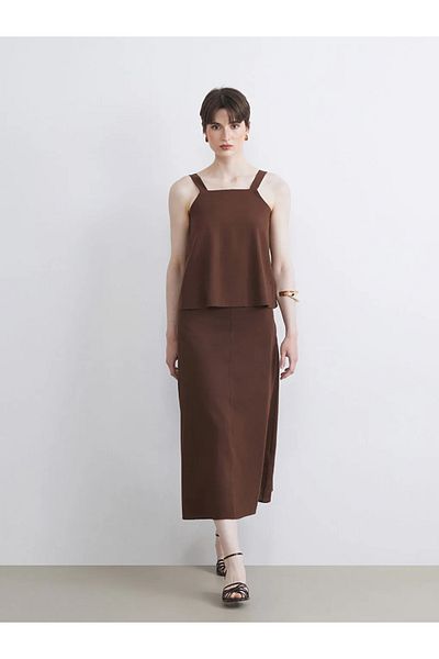 LC Waikiki Soulife Brown Waist Belt A-Line Linen Blend Skirt