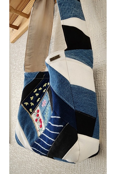 myyasminhome El Yapımı, Nakış İşlemeli, Patchwork Kot Çanta %100 Handmade
