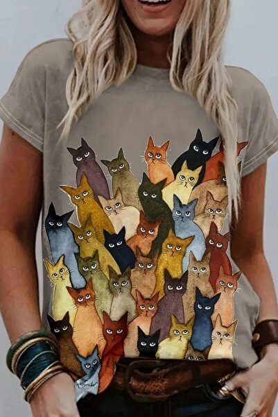 Mossta Κοντομάνικη μπλούζα με στάμπα γάτας με λαιμόκοψη - Βιζόν