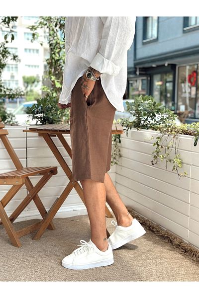 manch collection 100% Linen Belt Detailed Shorts Brown