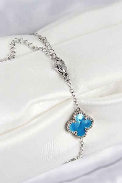 shopwave 316L Steel Pearlescent Sky Blue Silver Color Clover Women's Bracelet