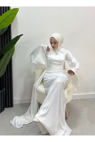 modasusev Spanish Sleeve Train Satin Hijab Evening Dress