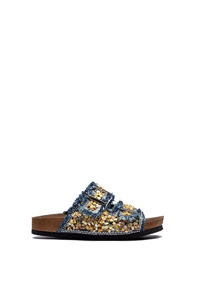 Raynok Women's Double Buckle Denim Leather Stone Comfortable Fit Orthopedic Slippers Navy Blue