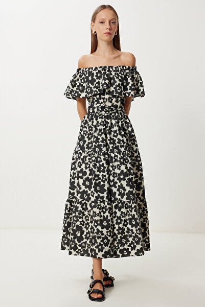 Lovelyİstanbul Patterned Carmen Collar Woven Dress Lfg0089 Black Cream