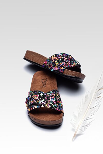 Raynok Kadın Taşlı Tokalı Rahat Kalıp Terlik Ortopedik Siyah