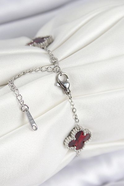 shopwave 316L Steel Pearlescent Red Silver Color Clover Women's Bracelet