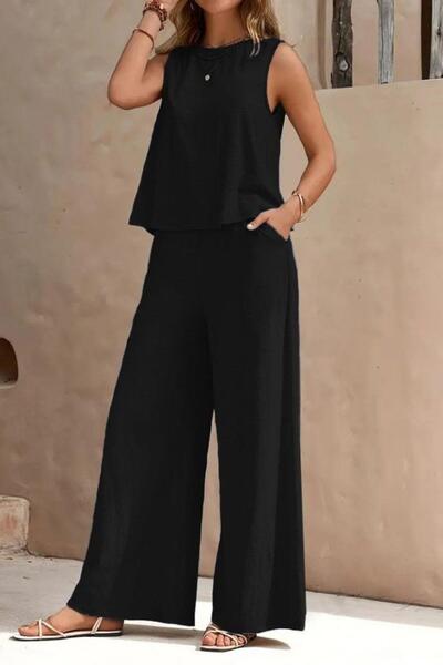 Mossta Sleeveless Wide Leg Aerobin Double Suit - Black