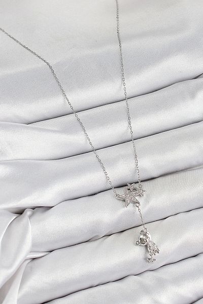 shopwave Brass Zircon Stone Hanging Teddy Bear Star Model Silver Color Women's Necklace