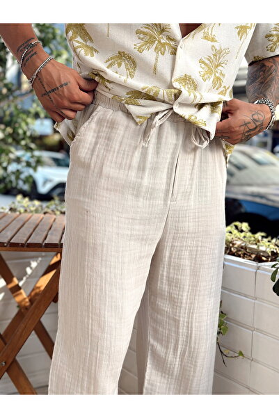 manch collection Müslin Kumaş Baggy Pantolon Krem