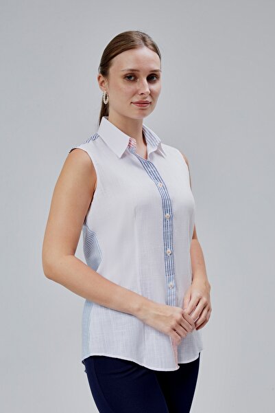 FARQIN White Flame Cotton Linen Back Button Detailed 3 Color Striped Zero Sleeve Slim Fit Women's Shirt