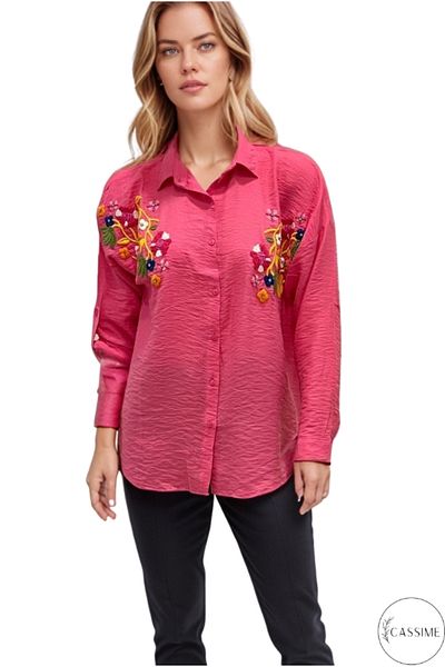 Cassime Women's Fuchsia Flower Beaded Embroidered Buttoned Ayrobin Shirt