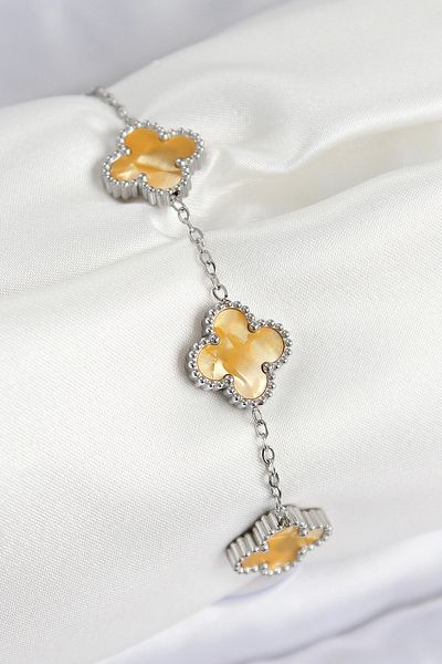 shopwave 316L Steel Pearlescent Amber Yellow Silver Color Clover Women's Bracelet