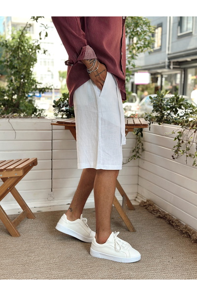 manch collection Λεπτομερές σορτς με ζώνη 100% λινό λευκό