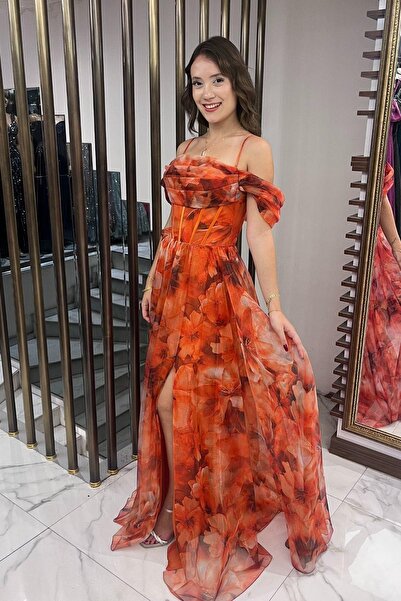 By Saygı Women's Thin Strap Low Sleeve Underwire Front Draped Lining Floral Organza Long Dress