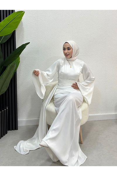 modasusev Spanish Sleeve Train Satin Hijab Evening Dress