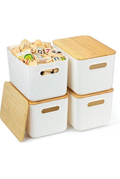 Generic U-HOOME - عبوة من 4 صناديق تخزين مصنوعة من البلاستيك والخيزران الطبيع...