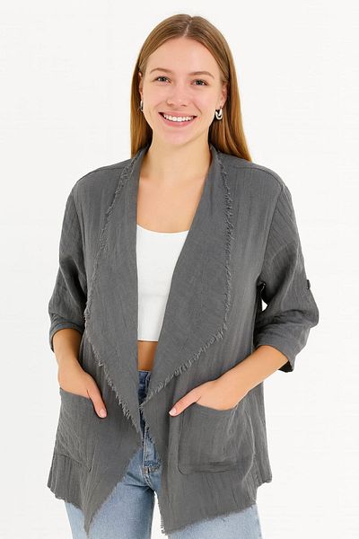 enmodaiçgiyim Jachetă de damă din muselină din bumbac 100% – dungi verde bleumarin, franjuri, model elegant de vară oversize