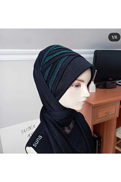 BERKE TUHAFIYE AKSESUAR وشاح أسود لامع أخضر موديل جاهز للحجاب جاهز للشال جاهز...