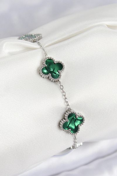 shopwave 316L Steel Pearlescent Emerald Green Silver Color Clover Women's Bracelet