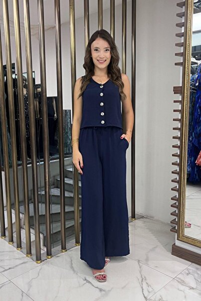 By Saygı Жіночий блуз із V-подібним вирізом та ґудзиками спереду, штани-палаццо з еластичним поясом та кишенями, комплект із 2 предметів Ayrobin