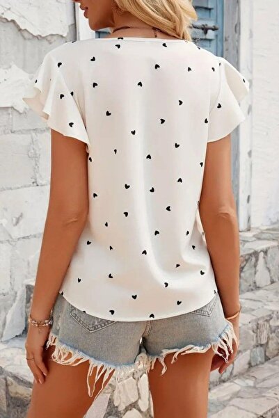 Mossta Μπλούζα με βολάν με σχέδιο καρδιάς - Λευκό