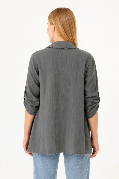 enmodaiçgiyim Jachetă de damă din muselină din bumbac 100% – dungi verde bleumarin, franjuri, model elegant de vară oversize