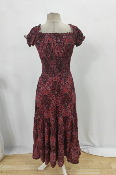 Mossta Double Breasted Collar Chest Gipeli Patterned Long Single Jersey Dress - Red