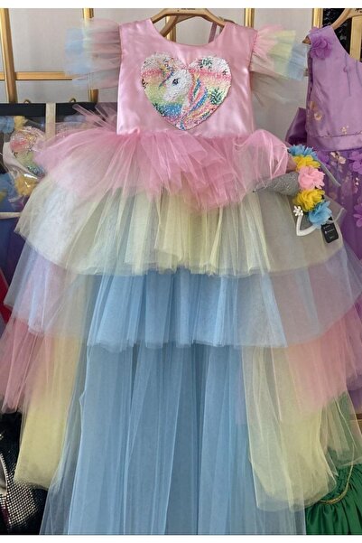 Saatistan Pembe Kız Çocuk Unicorn Kostüm, Taçlı Prenses Tütü Elbise