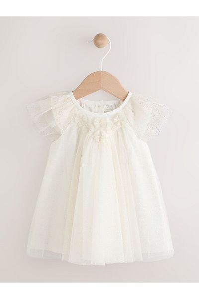 Next Baby White Mesh Glitter Ruffle Shoulder Baby Dress
