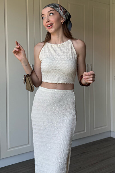 Dilay Gökoğlu Butik Seersucker Beige Skirt Suit with Tie