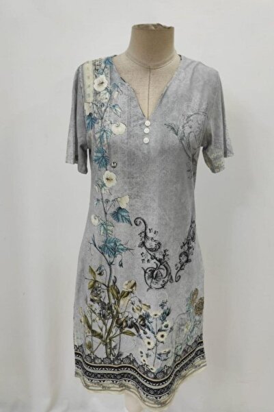 Mossta Short Sleeve V-Neck Print Single Jersey Dress - Grey
