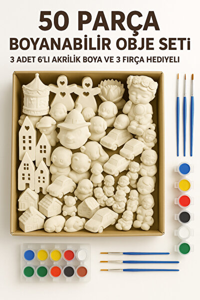 Genel Markalar 50 Parça Boyanabilir Alçı Obje Seti (3 Adet 6’lı Akrilik Boya + 3 Fırça Hediyeli)