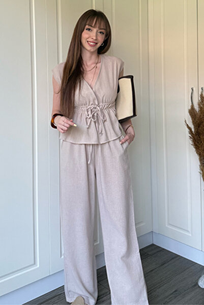 Dilay Gökoğlu Butik Beige Binding Detailed Linen Suit